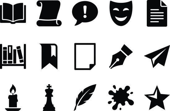 Set of black and white vector icons representing literature writing education and creative arts symbols