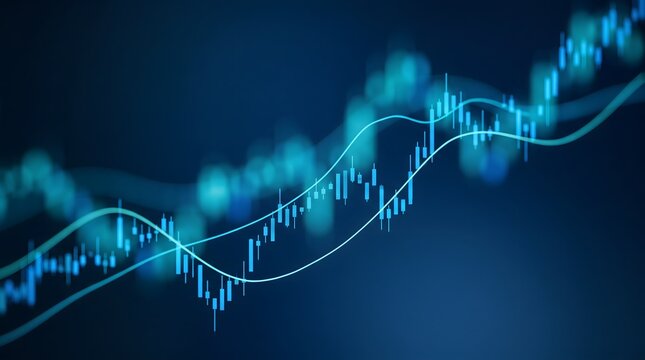 Financial charts with candlestick patterns and trend lines on a dark blue gradient background.