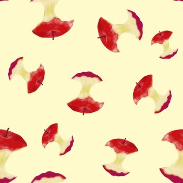Seamless bitten red apple pattern on a cream background for autumn and harvest design