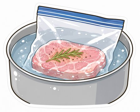 真空パックされた肉が鍋の水に浸された低温調理の準備のイラスト
