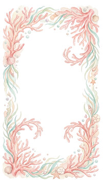 Watercolor coral reef frame with seashells isolated on transparent background