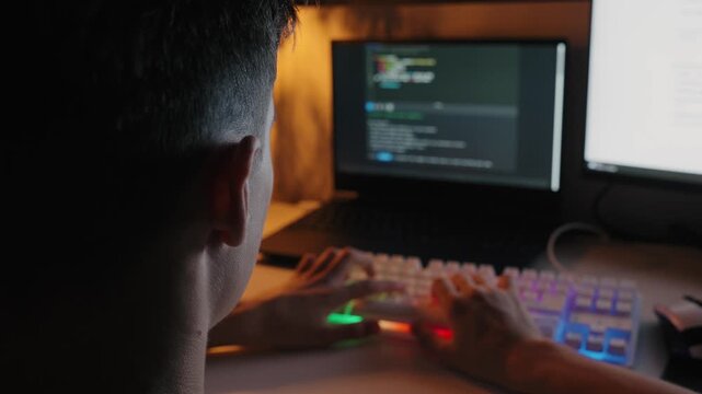Rear view of a teenage boy writing code on a backlit RGB keyboard at a computer desk in a dark room.