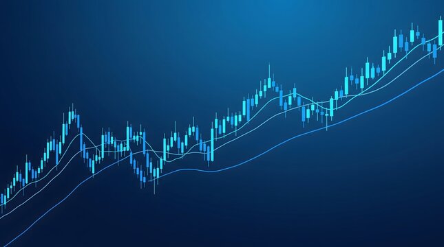 Financial trend lines and candlestick charts showing upward market growth on a blue background.