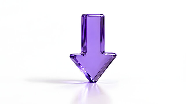 Purple glass arrow pointing down isolated on white background