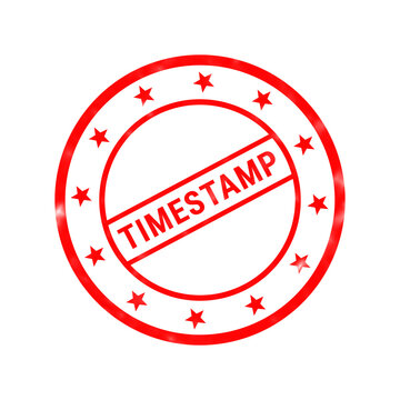 Red timestamp rubber stamp icon, circular business seal with stars, office validation and verification mark