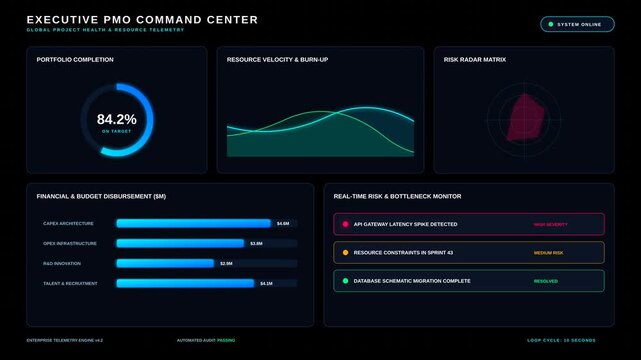 Digital Executive Project Management Command Center Dashboard Interface with Data Visualization