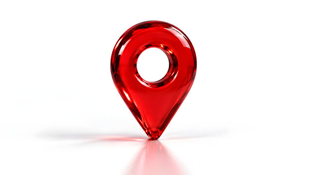 3d render of a glossy red glass map location pin icon isolated on white background