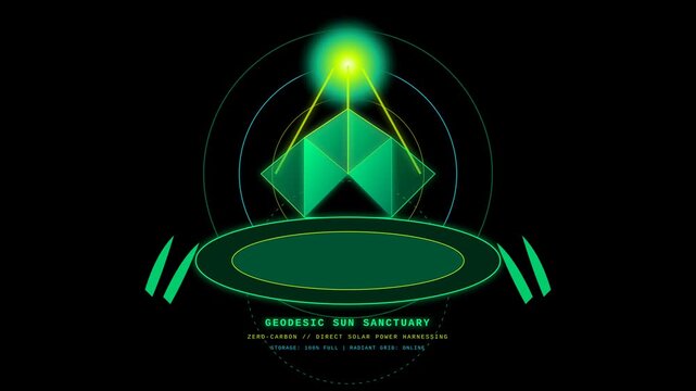 Futuristic Geodesic Sun Sanctuary Interface with Rotating Solar Energy Collection Display Graphics
