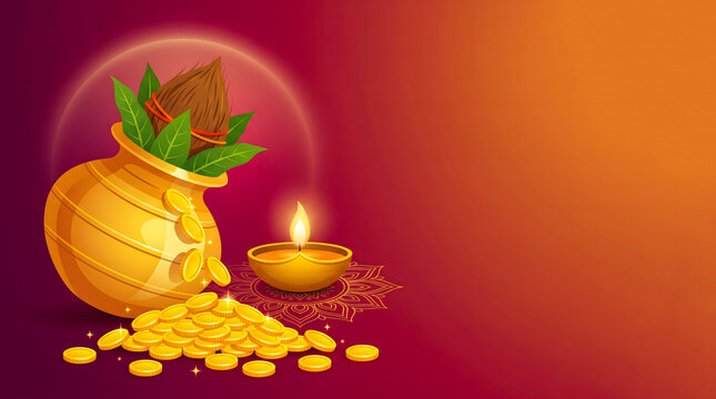 Dhanteras festival promotional banner featuring a golden kalash, glowing diya, gold coins, and copy space.