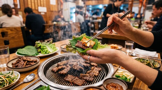 Korean BBQ Ssam Lettuce Wrap with Grilled Beef and Kimchi