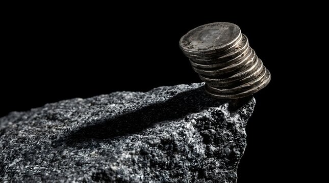 Stack of silver coins leaning dangerously over jagged stone cliff edge representing the precarious balance of wealth and the threat of sudden market collapse
