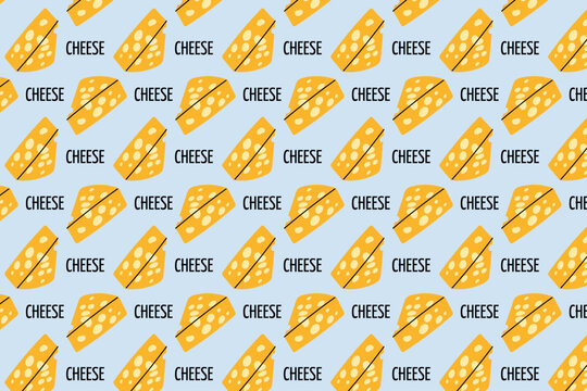 Cheese seamless pattern with colorful cheese slices and lettering. Food background for packaging, fabric, wallpaper, kitchen decor and grocery branding. Flat vector pattern.