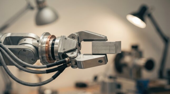 Robotic gripper closing around an aluminum block with polished joints, encoder ring, and braided cables