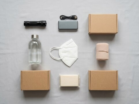 emergency household supplies Flat lay of eco-friendly packaged essentials and protective face mask