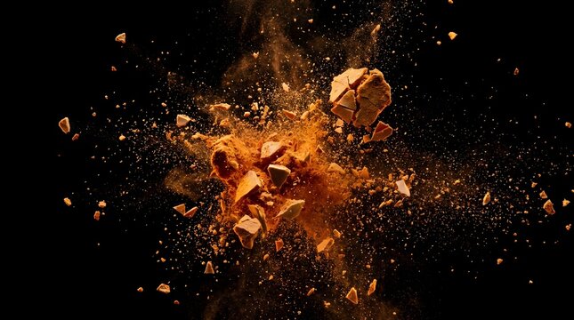 Chunks of brown nutrient powder exploding into fine particles representing dynamic energy release for health supplement and fitness advertising
