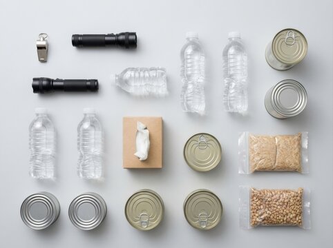 emergency household supplies Emergency supplies neatly arranged including water, canned food, and flashlights