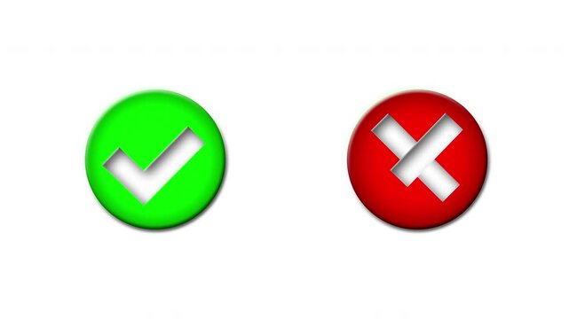 Animated tick and cross buttons isolated alpha channel, green check mark and red cross animation.