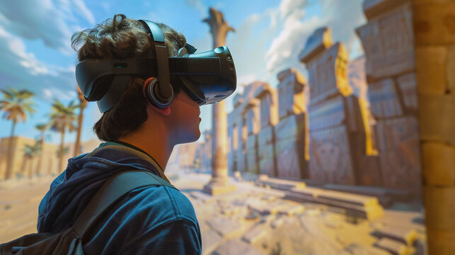 Young man wear modern virtual reality headset explore ancient historical ruins temple projection simulation immersive technology digital interactive experience future education exhibit display culture