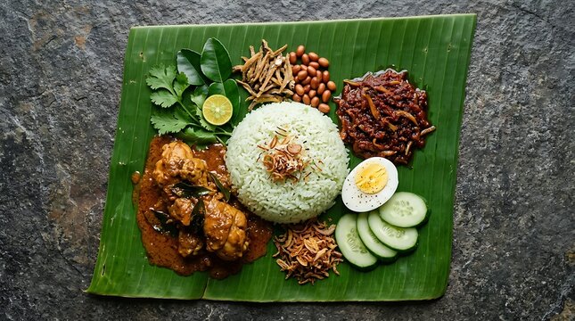 Traditional nasi lemak dish with fragrant coconut rice chicken egg cucumber and peanuts on banana leaf. Malay rice dish