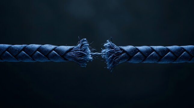 Thick braided blue rope fraying and snapping under extreme tension representing emotional stress and the breaking point in relationships