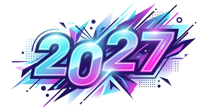 Desain tipografi vektor tahun 2027 dengan gaya cyberpunk futuristik berwarna neon biru dan ungu dengan elemen geometris dinamis