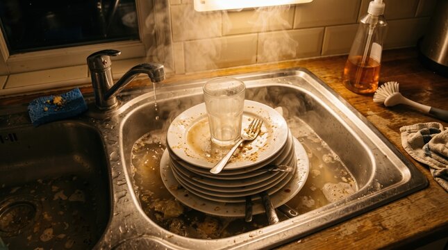 Dirty kitchen sink piled with unwashed dishes and grime needing deep cleaning