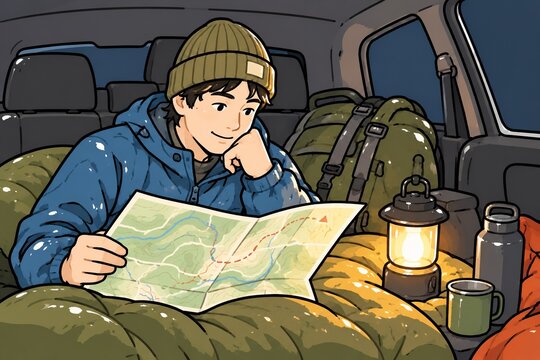キャンピングカーで地図を広げルートを確認するキャンプ好きの男性イラスト