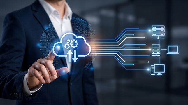 Businessman touching cloud computing network diagram