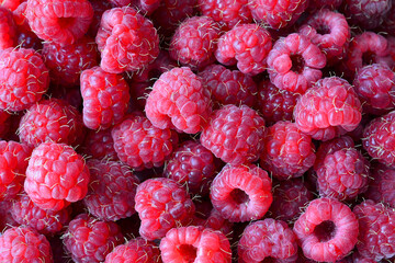 Ripe organic Raspberries Piled Together, flat lay, macro, raspberry background © Irina