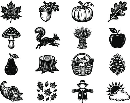 Set of hand drawn autumn icons featuring seasonal elements like pumpkins leaves squirrel and harvest symbols in black