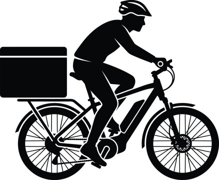 Black silhouette of a courier riding an electric bicycle with a delivery box on the back rack
