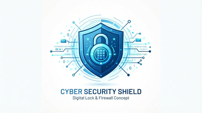 Modern cyber security shield logo features digital encryption patterns and network connectivity for tech branding.