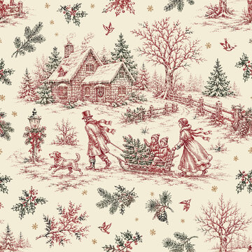 Vintage Christmas Countryside Toile de Jouy Seamless Pattern with Family, Cottage and Winter Holiday Scene. Vintage Christmas seamless pattern featuring a charming winter countryside scene with a fami