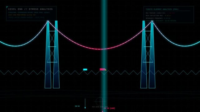 Digital Suspension Bridge Stress Analysis Interface Display with Dynamic Load Data Visualization