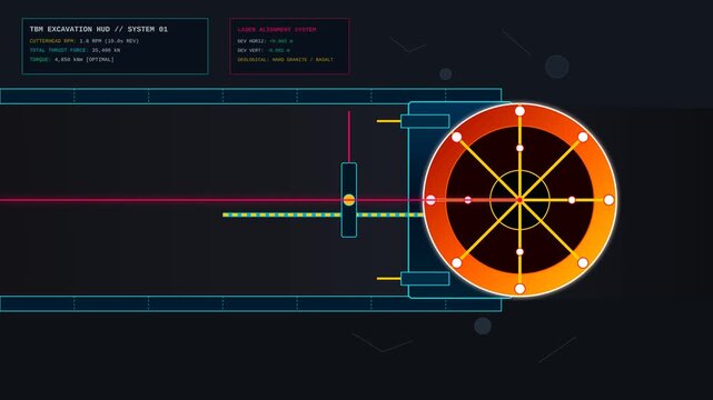 Futuristic Tunnel Boring Machine Excavation Interface Display for Industrial Engineering Analysis