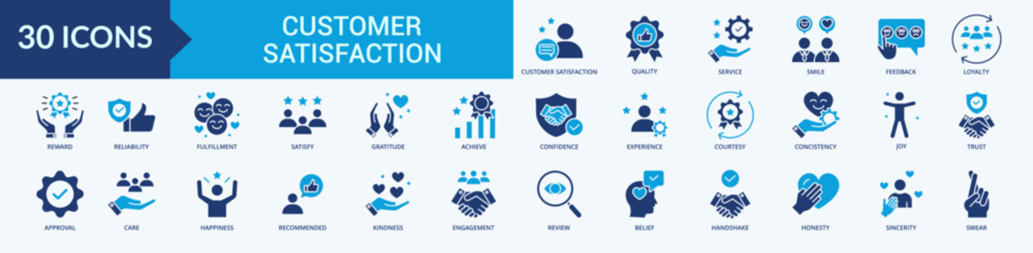 Customer Satisfaction Icon Set Flat Blue Style Illustration Vector
Contains customer satisfaction, quality, service, smile, feedback, loyalty, reward, reliability, fulfillment, satisfy, gratitude, ach