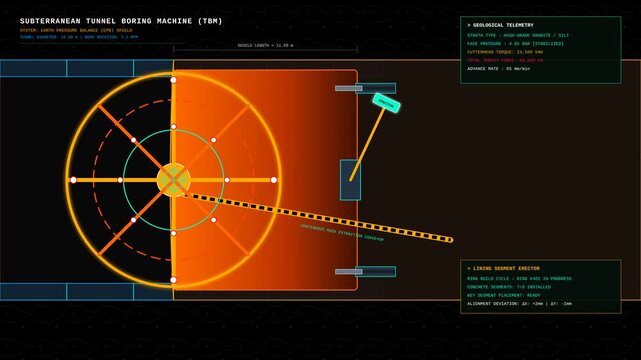 Subterranean Tunnel Boring Machine HUD Interface Displaying Realtime Technical Data and Operations