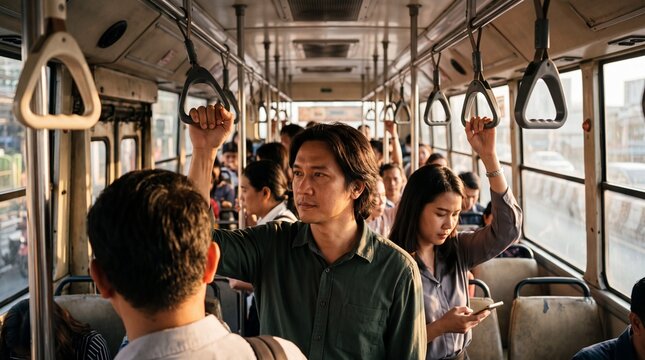 Asian commuter standing and holding handrail inside crowded public bus during rush hour. Urban passenger traveling on daily route in metropolitan transit.