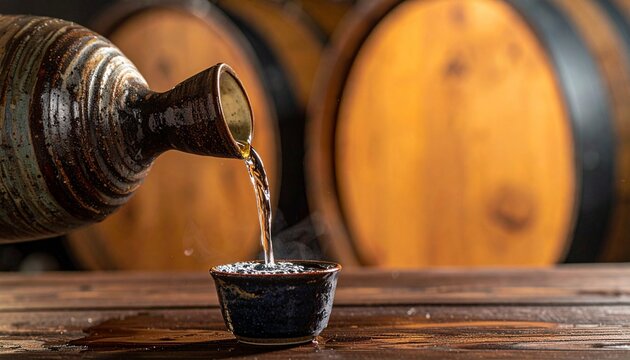木樽の前で徳利からお猪口に注がれる湯気立つ日本酒