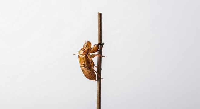 Detailed empty cicada exoskeleton clinging to a thin brown twig against a light background, capturing the essence of insect metamorphosis and natural shedding.