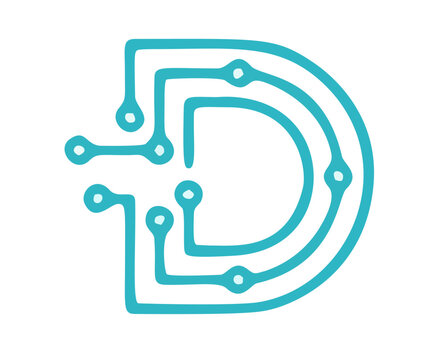 A teal stylized letter D logo features digital circuit board lines and nodes on a white.
