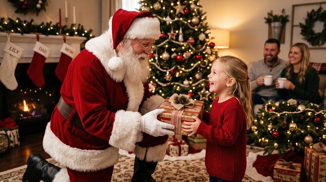 Santa Claus giving a present to a child