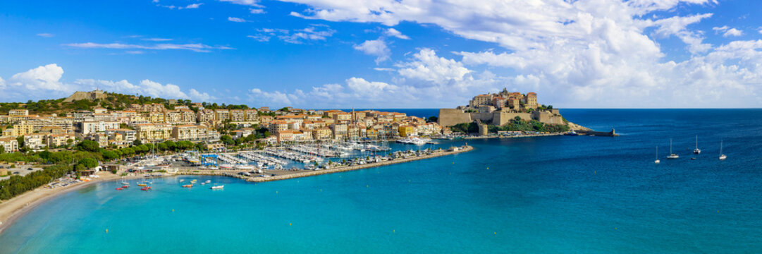 Calvi Citadel Corsica France aerial drone panorama of marina yachts pastel town turquoise sea luxury travel destination landscape high resolution 13k world print
