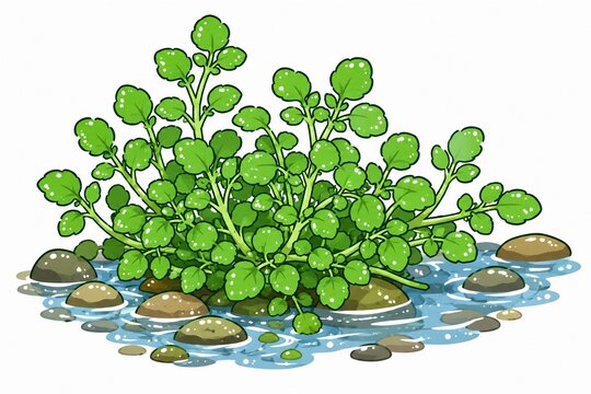 渓流の小石と水辺に自生する新鮮なクレソンの群生イラスト