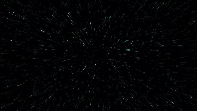 Star trails streak across deep space against an inky void. Motion implies high speed through cosmic expanse. Darkness dominates, punctuated by glowing streaks. Ideal for sci-fi, space travel