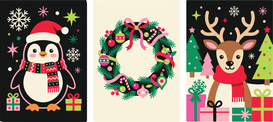 Fototapeta premium Set of three vertical christmas banners featuring a cute penguin a festive holiday wreath and a friendly reindeer illustration