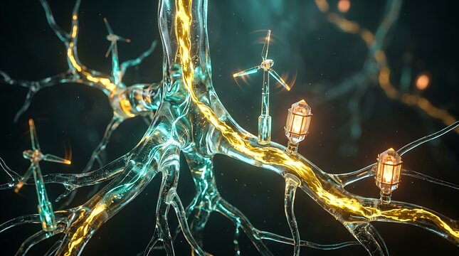 Futuristic Green Energy Concept with Glowing Neural Tree and Wind Turbines