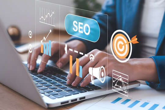 Digital Marketing and SEO Analytics Concept with Laptop and Holographic Interface
