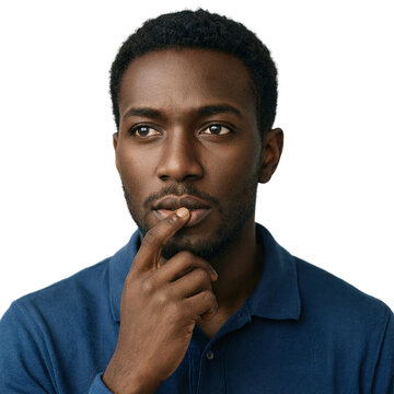 Student man thinking portrait isolated on a transparent background reflecting on lexicography and deep semantic field dictionary structuring concepts