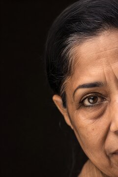 Close-up half-portrait of an older woman's face with prominent wrinkles and grey hair, conveying a serious and contemplative mood against a dark background.